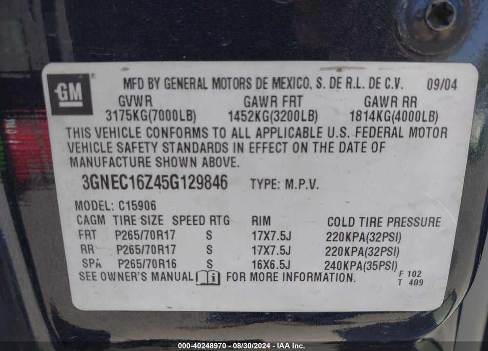 2005 CHEVROLET SUBURBAN 1500 LT VIN: 3GNEC16Z45G129846