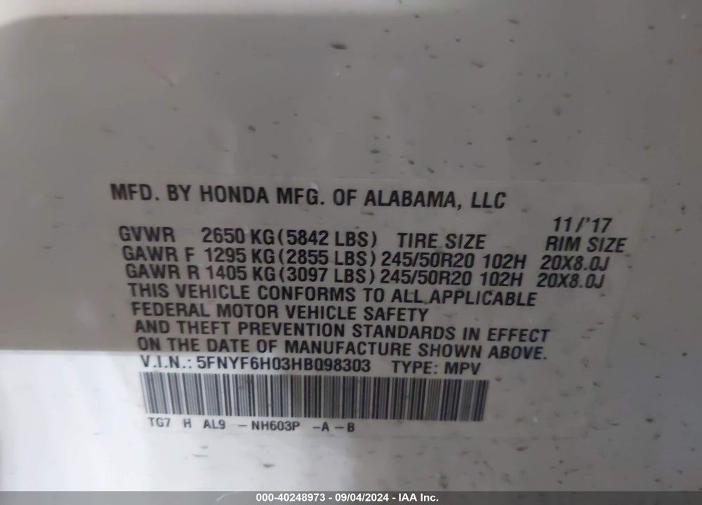 2017 HONDA PILOT ELITE VIN: 5FNYF6H03HB098303