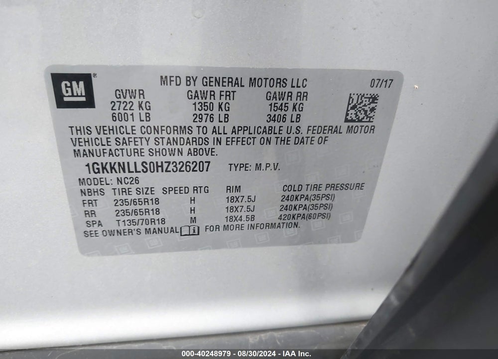 2017 GMC ACADIA VIN: 1GKKNLLS0HZ326207