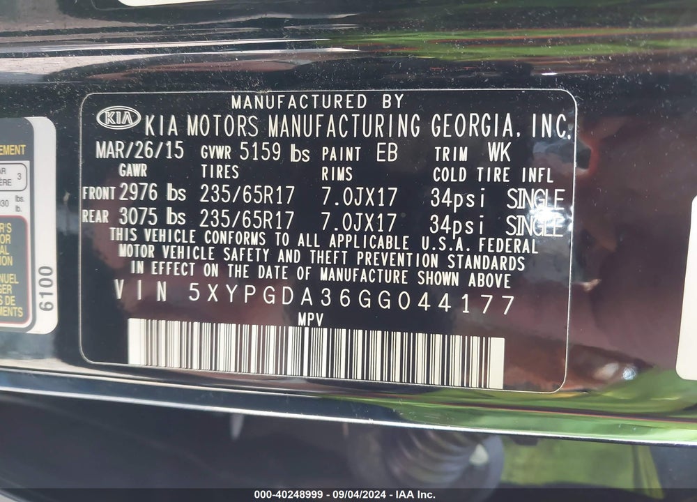 2016 KIA SORENTO 2.4L LX VIN: 5XYPGDA36GG044177