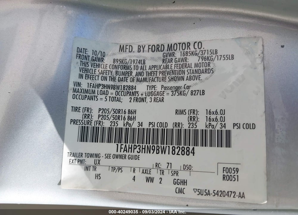 2011 FORD FOCUS SEL VIN: 1FAHP3HN9BW182884