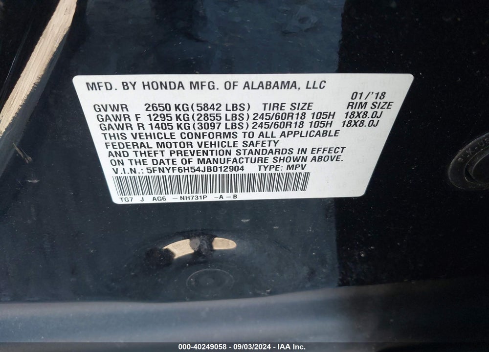 2018 HONDA PILOT EX-L VIN: 5FNYF6H54JB012904