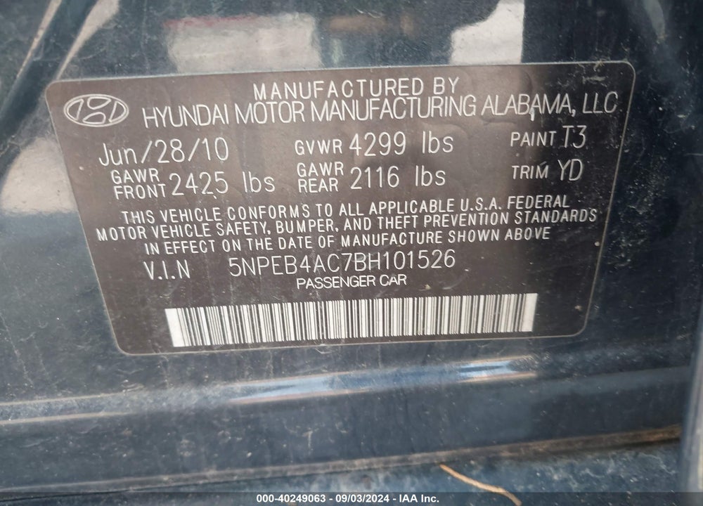 2011 HYUNDAI SONATA VIN: 5NPEB4AC7BH101526