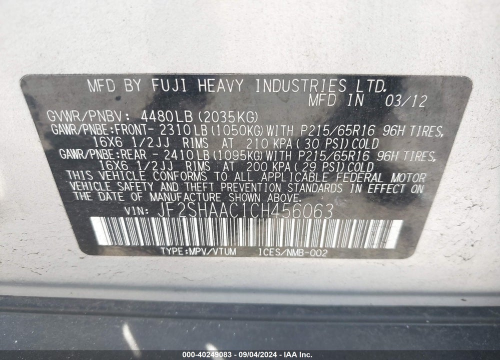 2012 SUBARU FORESTER 2.5X VIN: JF2SHAAC1CH456063