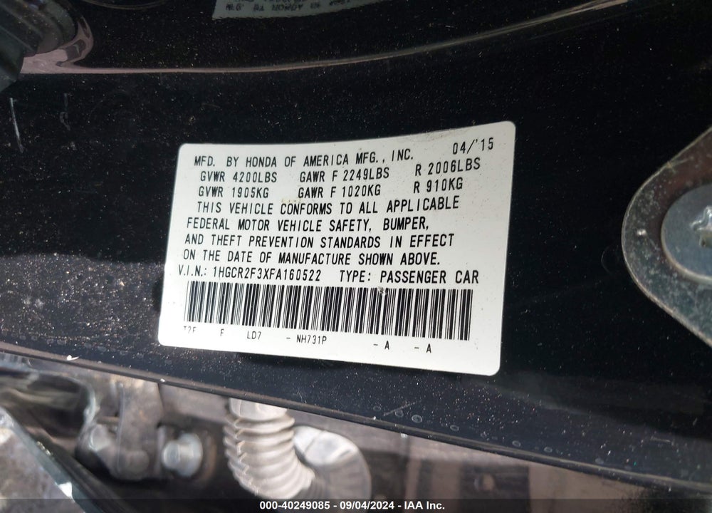 2015 HONDA ACCORD LX VIN: 1HGCR2F3XFA160522