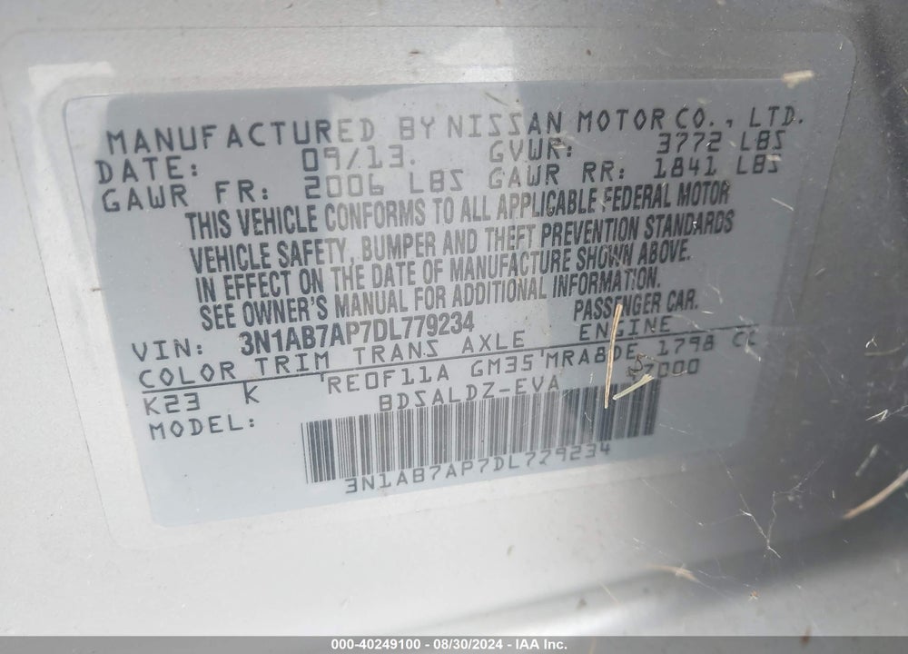 2013 NISSAN SENTRA SV VIN: 3N1AB7AP7DL779234