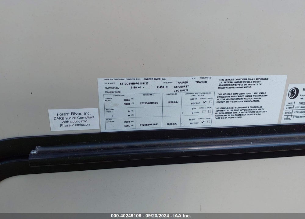 2015 TRAILER * CRUSADER TRAVEL VIN: 5ZT3CSVB9FG118122