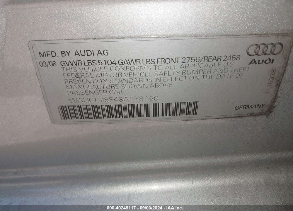 2008 AUDI S4 4.2 VIN: WAUGL78E48A158150