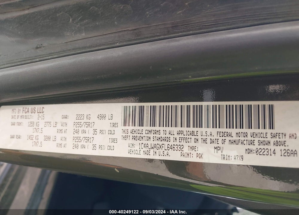 2015 ANGLER JEEP WR SPORT VIN: 1C4AJWAGXFL646332