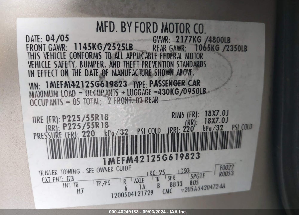 2005 MERCURY MONTEGO PREMIER VIN: 1MEFM42125G619823