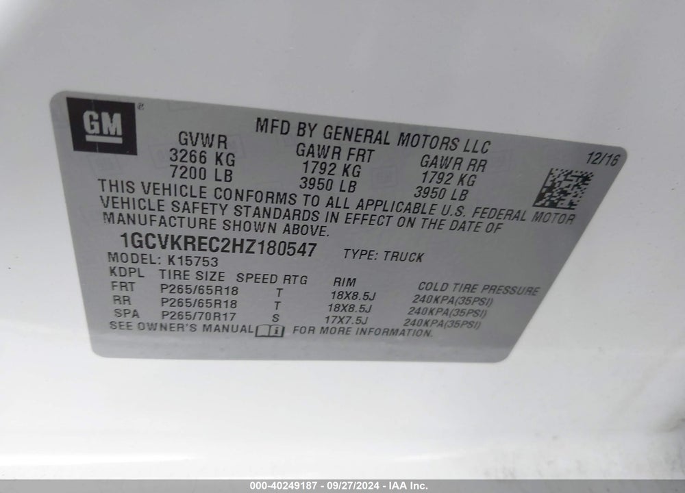 2017 CHEVROLET SILVERADO 1500 2LT VIN: 1GCVKREC2HZ180547
