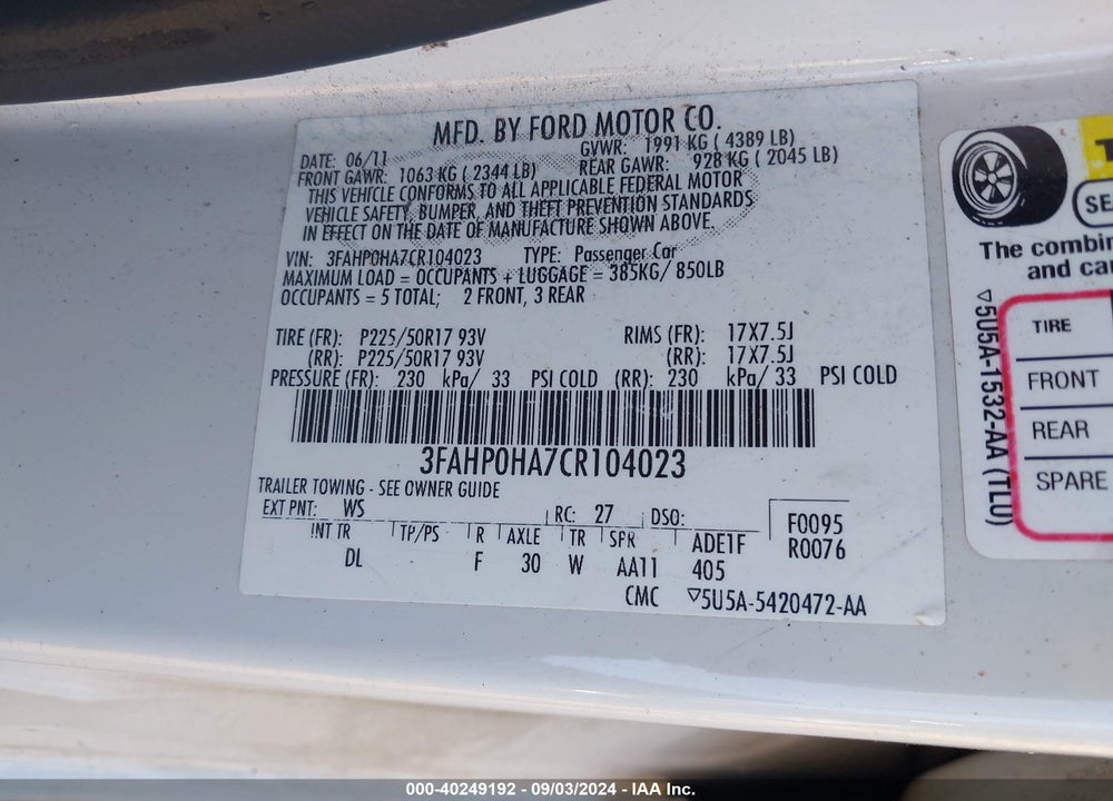 2012 FORD FUSION SE VIN: 3FAHP0HA7CR104023