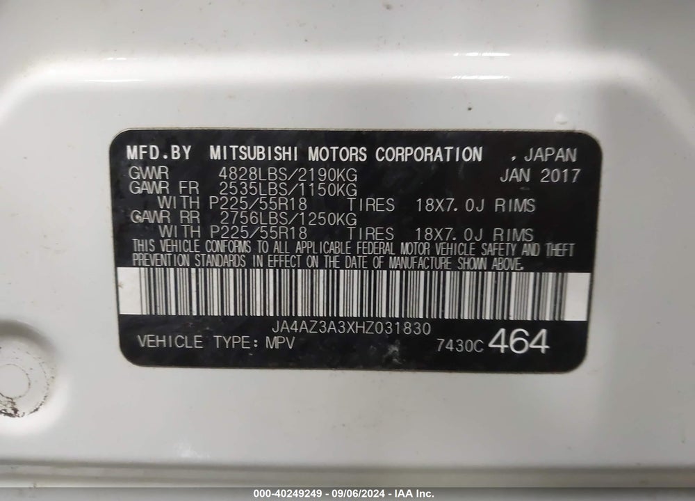 2017 MITSUBISHI OUTLANDER SE VIN: JA4AZ3A3XHZ031830