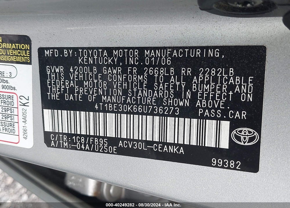 2006 TOYOTA CAMRY LE VIN: 4T1BE30K66U736273
