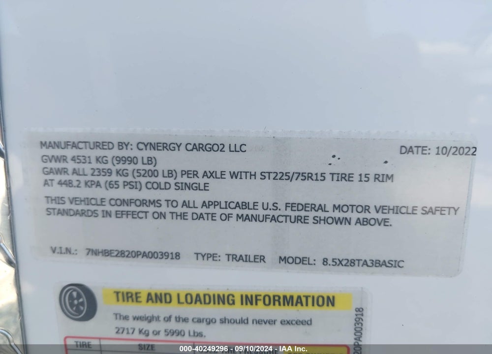 2023 CYNERGY CARGO LLC 825X28TA3 VIN: 7NHBE2820PA003918