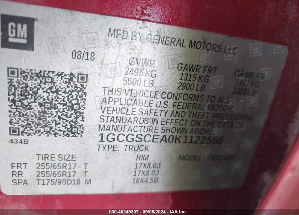 2019 CHEVROLET COLORADO LT VIN: 1GCGSCEA0K1122558