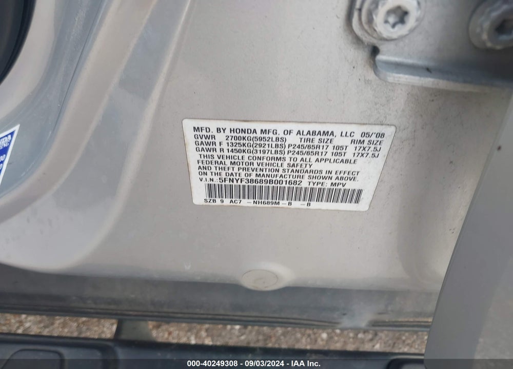 2009 HONDA PILOT EX-L VIN: 5FNYF38689B001682