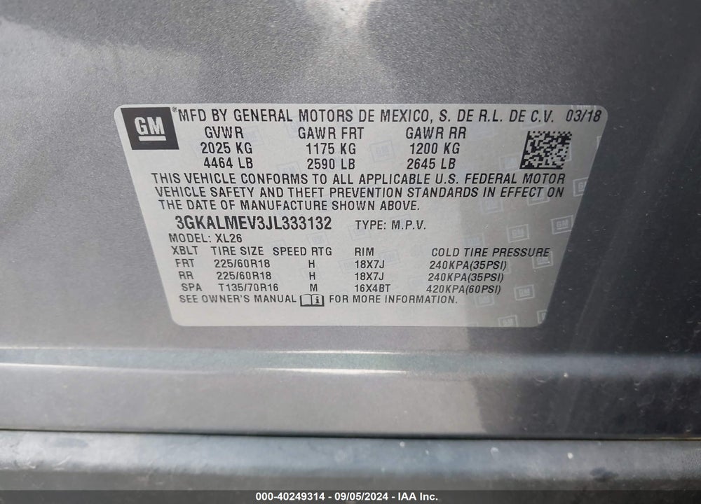 2018 GMC TERRAIN SLE VIN: 3GKALMEV3JL333132