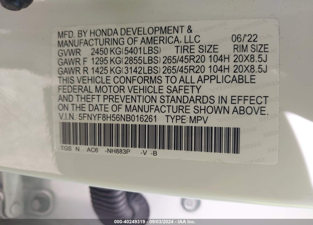 2022 HONDA PASSPORT VIN: 5FNYF8H56NB016261