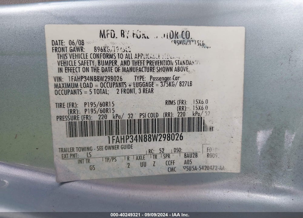 2008 FORD FOCUS S VIN: 1FAHP34N88W298026