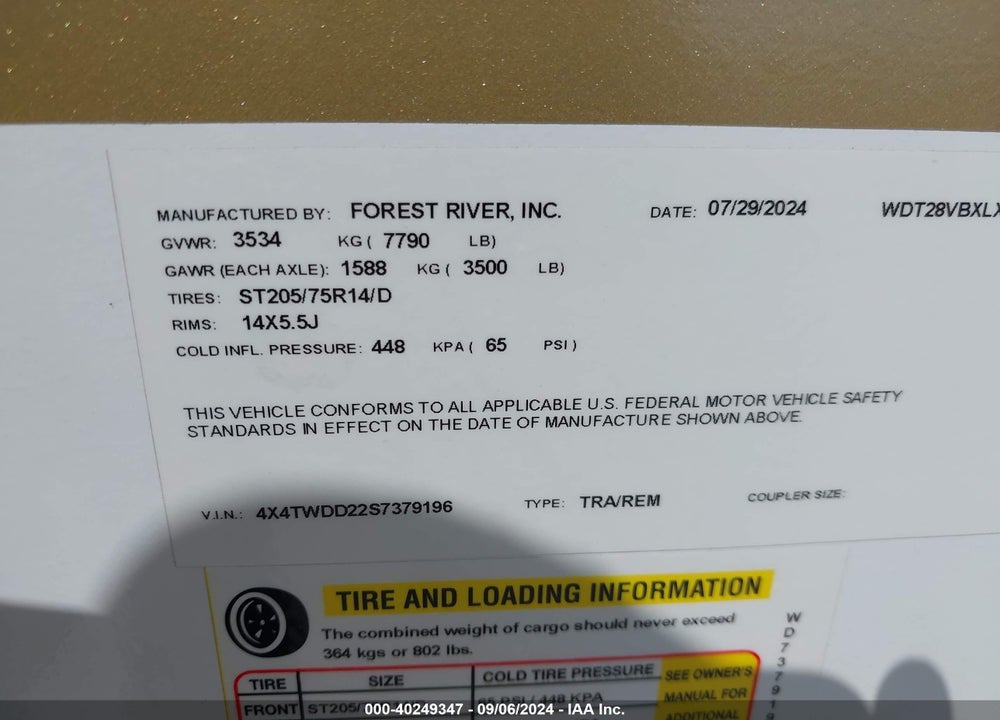2025 FOREST RIVER OTHER VIN: 4X4TWDD22S7379196