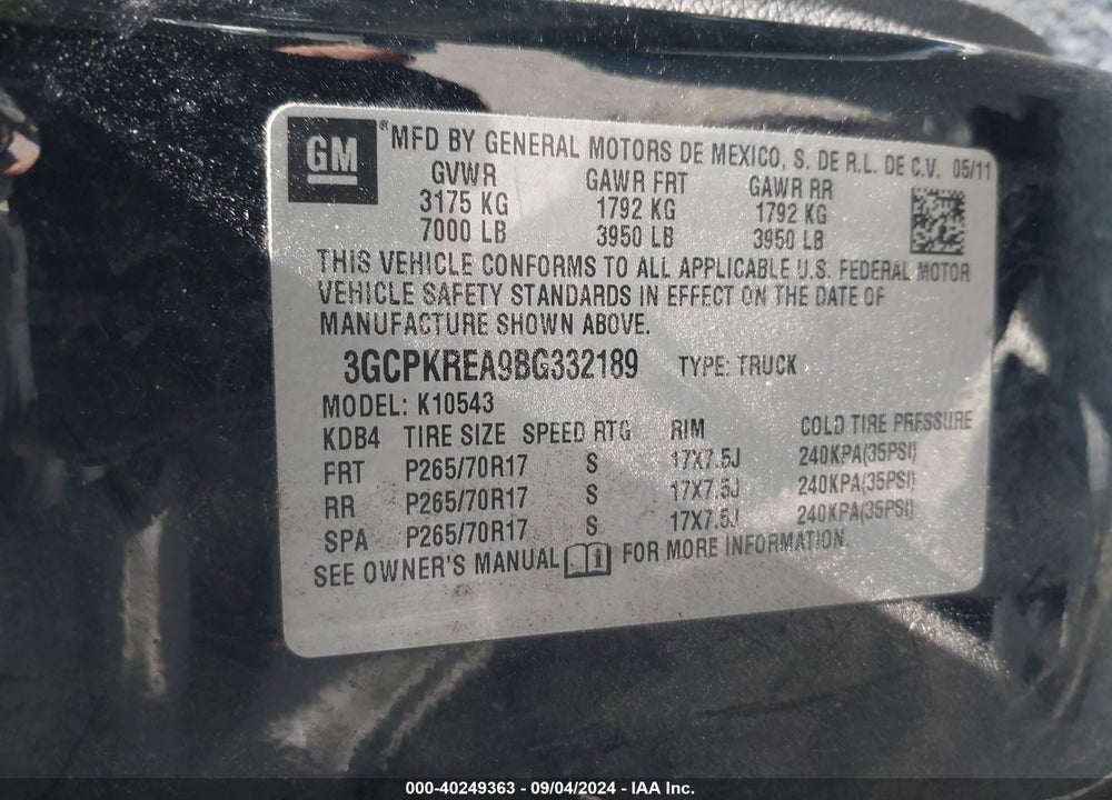 2011 CHEVROLET SILVERADO 1500 LS VIN: 3GCPKREA9BG332189