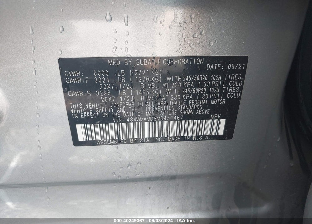 2021 SUBARU ASCENT LIMITED VIN: 4S4WMAMD8M3451467