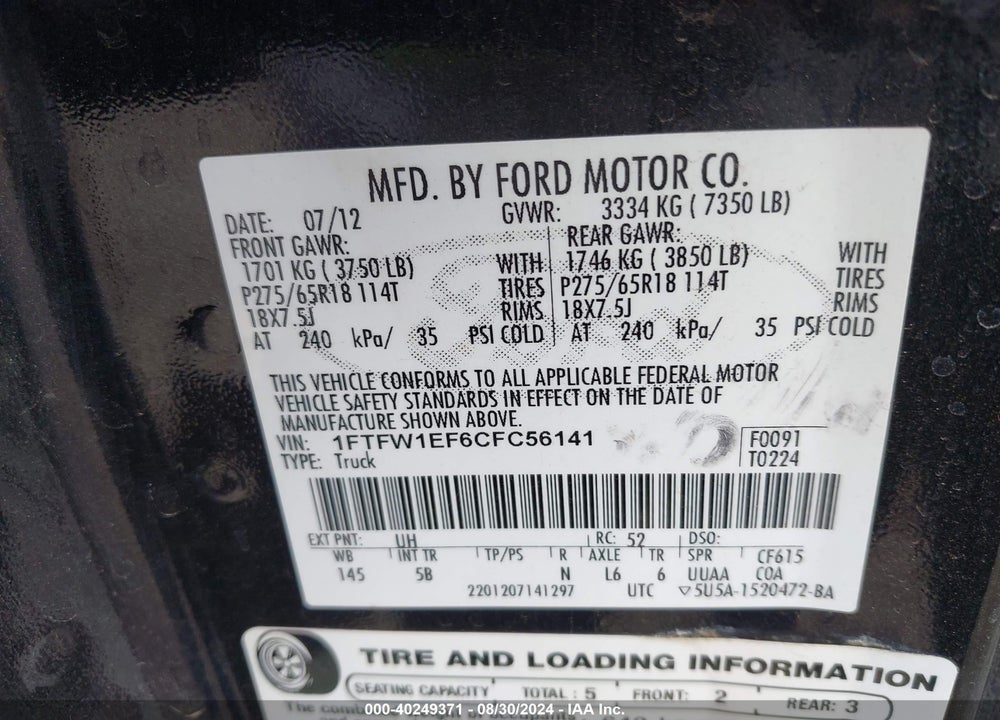 2012 FORD F-150 FX4 VIN: 1FTFW1EF6CFC56141