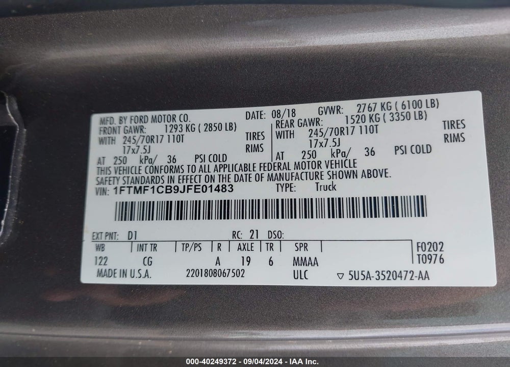 2018 FORD F-150 XL VIN: 1FTMF1CB9JFE01483