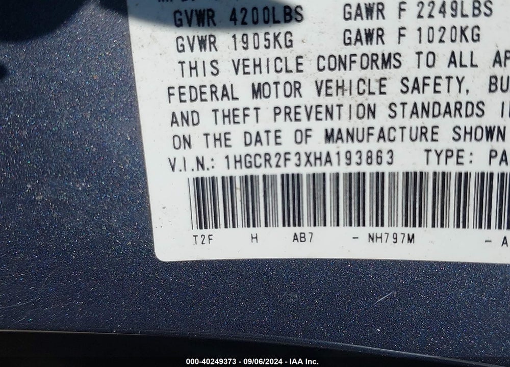 2017 HONDA ACCORD VIN: 1HGCR2F3XHA193863
