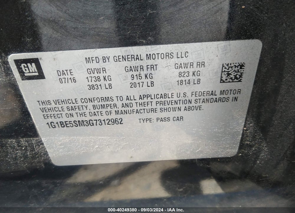 2016 CHEVROLET CRUZE LT AUTO VIN: 1G1BE5SM3G7312962