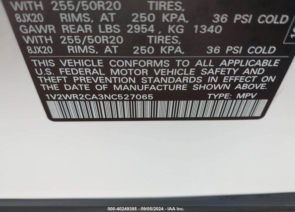 2022 VOLKSWAGEN ATLAS 3.6L V6 SE W/TECHNOLOGY VIN: 1V2WR2CA3NC527065