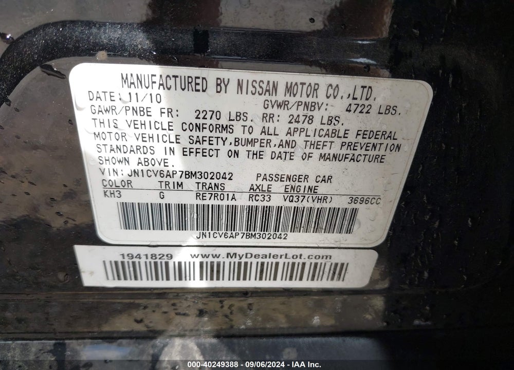 2011 INFINITI G37 VIN: JN1CV6AP7BM302042