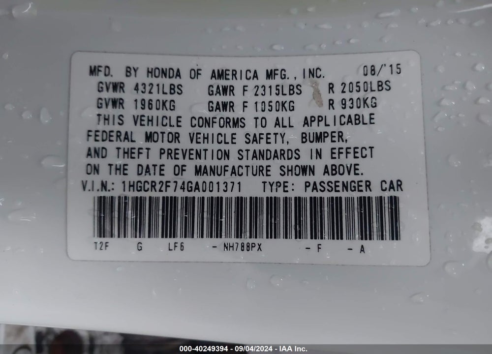 2016 HONDA ACCORD EX VIN: 1HGCR2F74GA001371