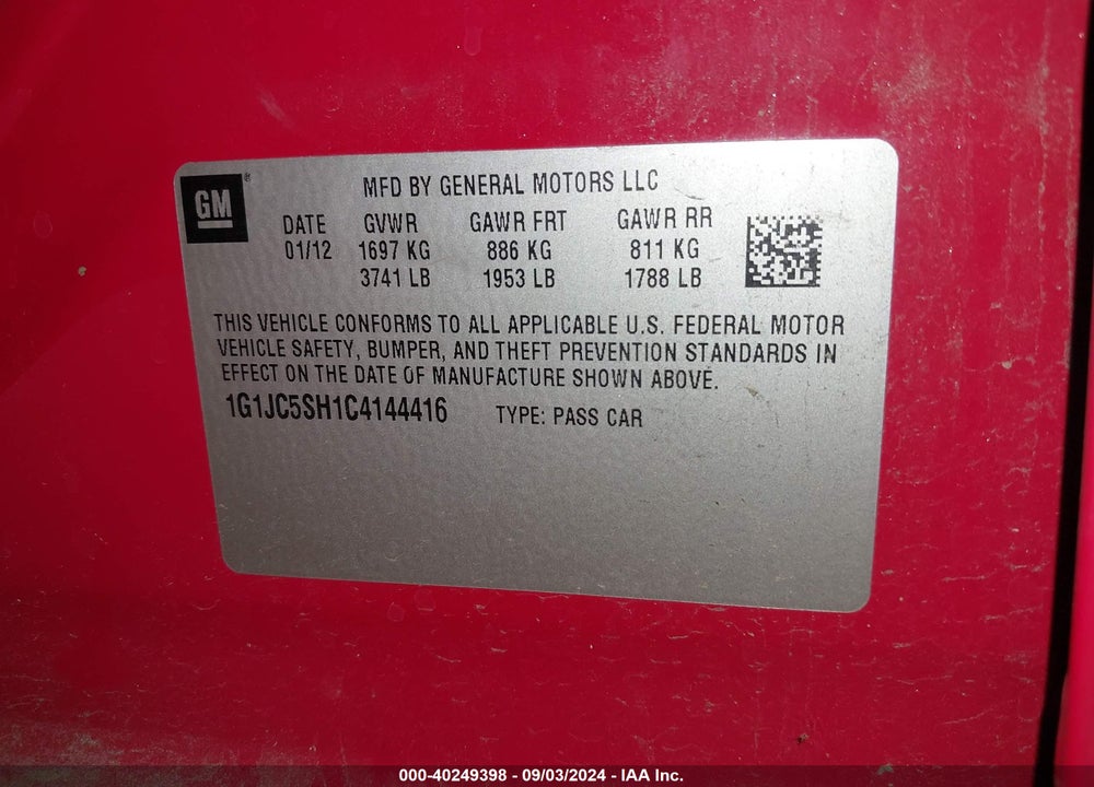 2012 CHEVROLET SONIC 2LT VIN: 1G1JC5SH1C4144416