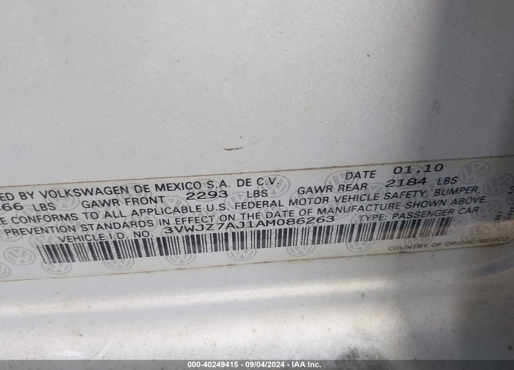 2010 VOLKSWAGEN JETTA S VIN: 3VWJZ7AJ1AM086263