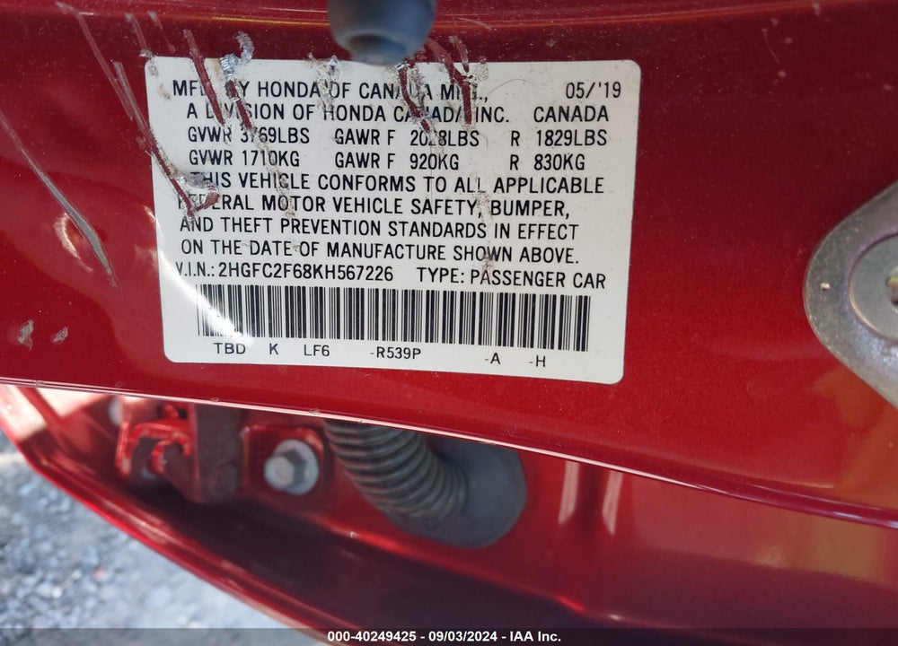 2019 HONDA CIVIC LX VIN: 2HGFC2F68KH567226