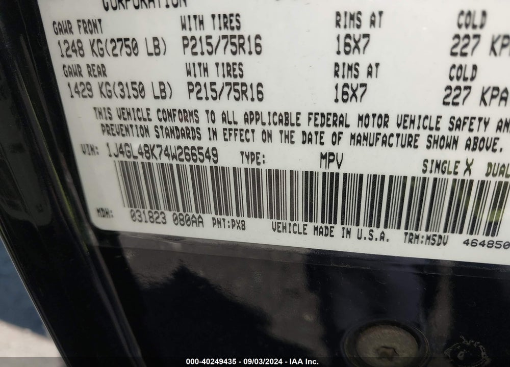 2004 JEEP LIBERTY SPORT VIN: 1J4GL48K74W266549