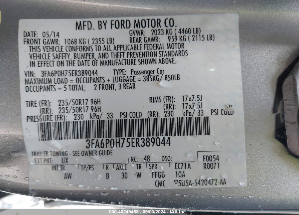 2014 FORD FUSION SE VIN: 3FA6P0H75ER389044