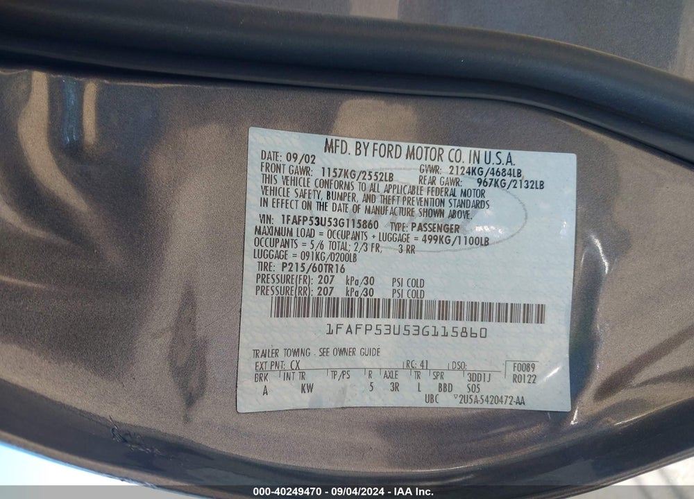 2003 FORD TAURUS SE VIN: 1FAFP53U53G115860