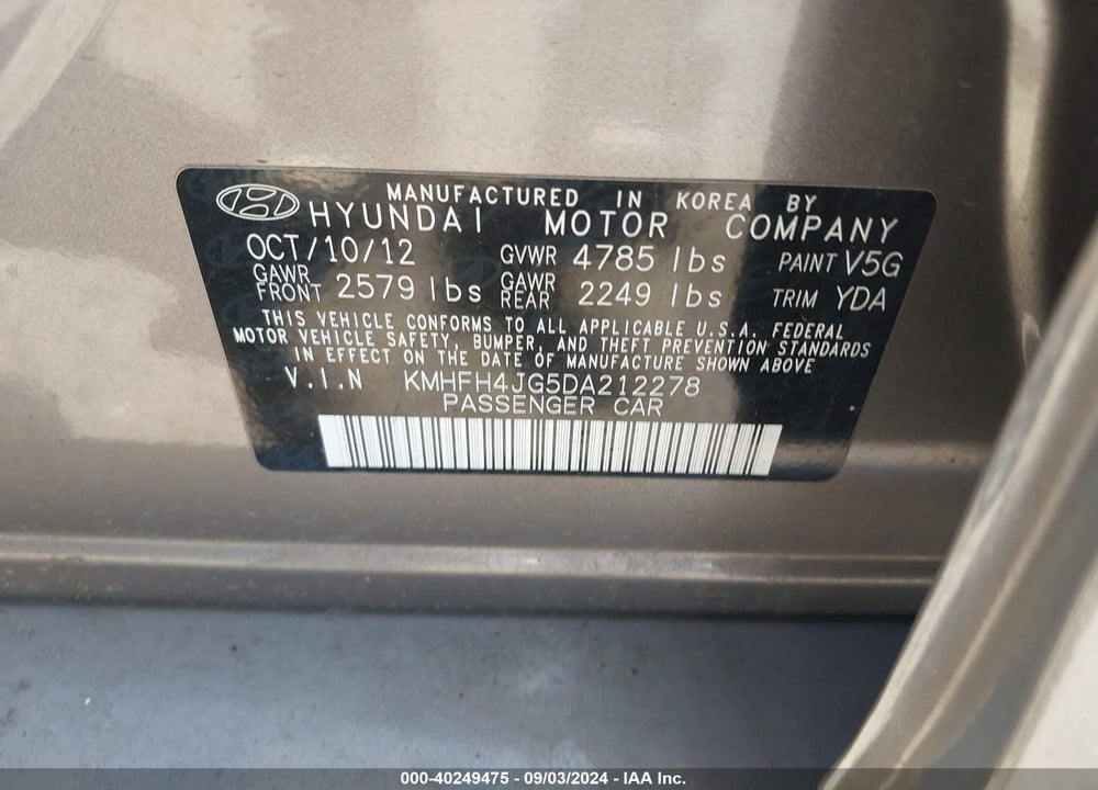 2013 HYUNDAI AZERA VIN: KMHFH4JG5DA212278
