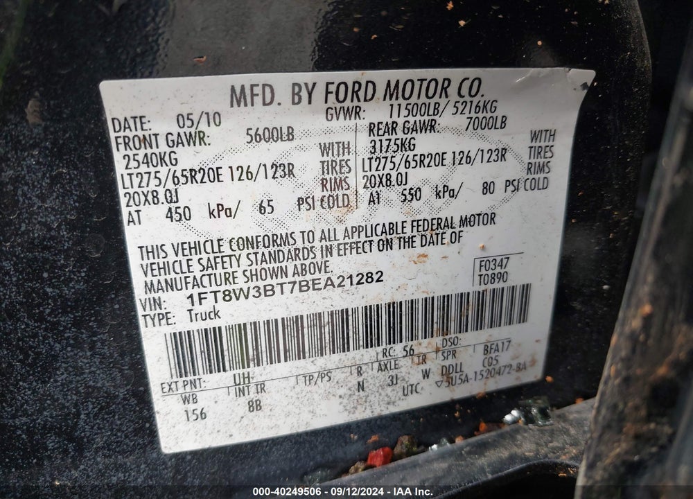2011 FORD F-350 LARIAT VIN: 1FT8W3BT7BEA21282