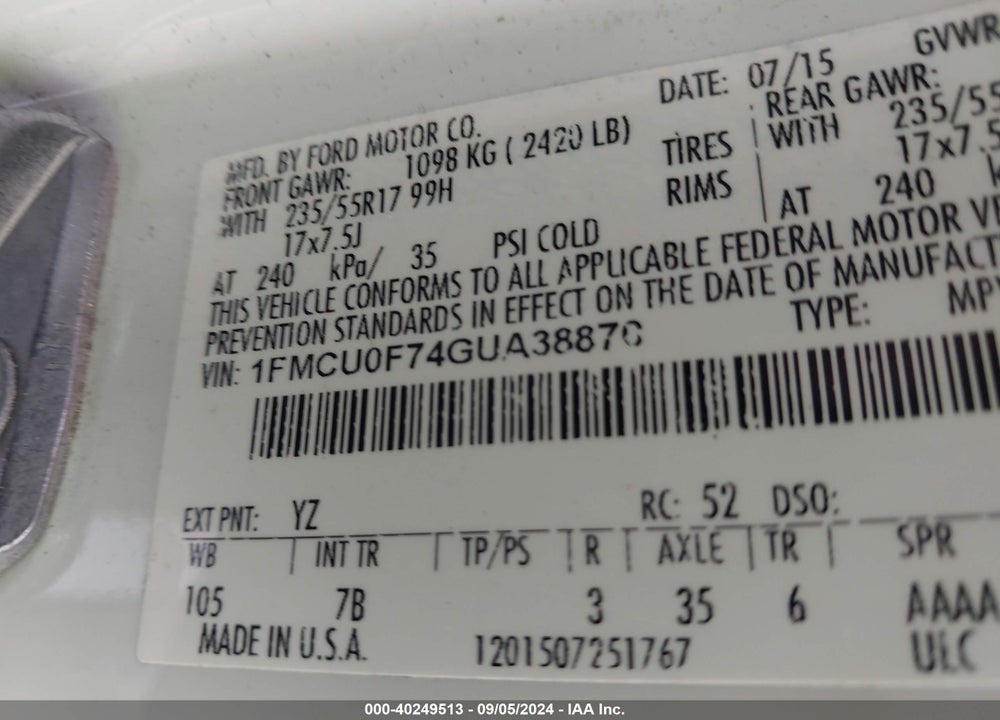 2016 FORD ESCAPE S VIN: 1FMCU0F74GUA38870