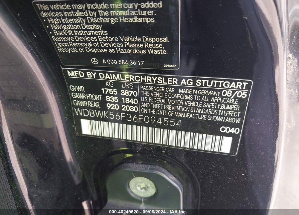 2006 MERCEDES-BENZ SLK 350 VIN: WDBWK56F36F094554