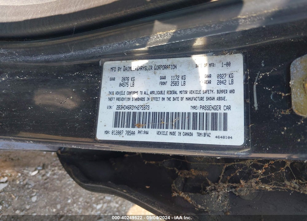2000 DODGE INTREPID VIN: 2B3HD46R3YH275973