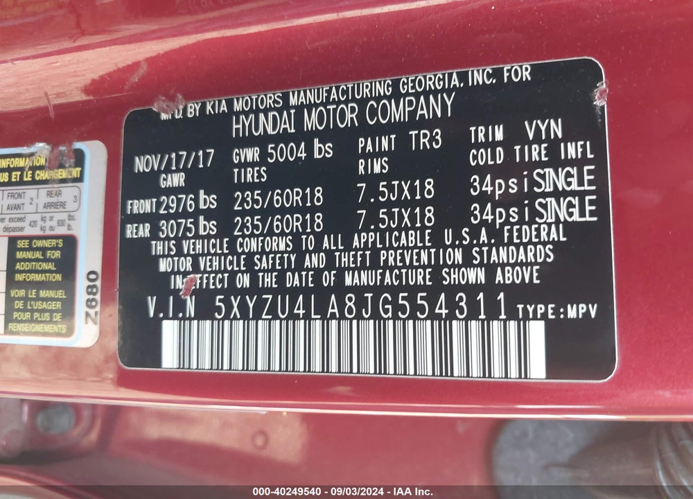 2018 HYUNDAI SANTA FE SPORT 2.0T VIN: 5XYZU4LA8JG554311