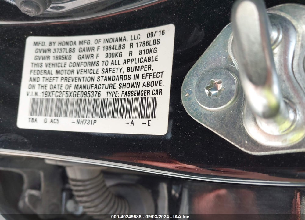 2016 HONDA CIVIC LX VIN: 19XFC2F5XGE095376
