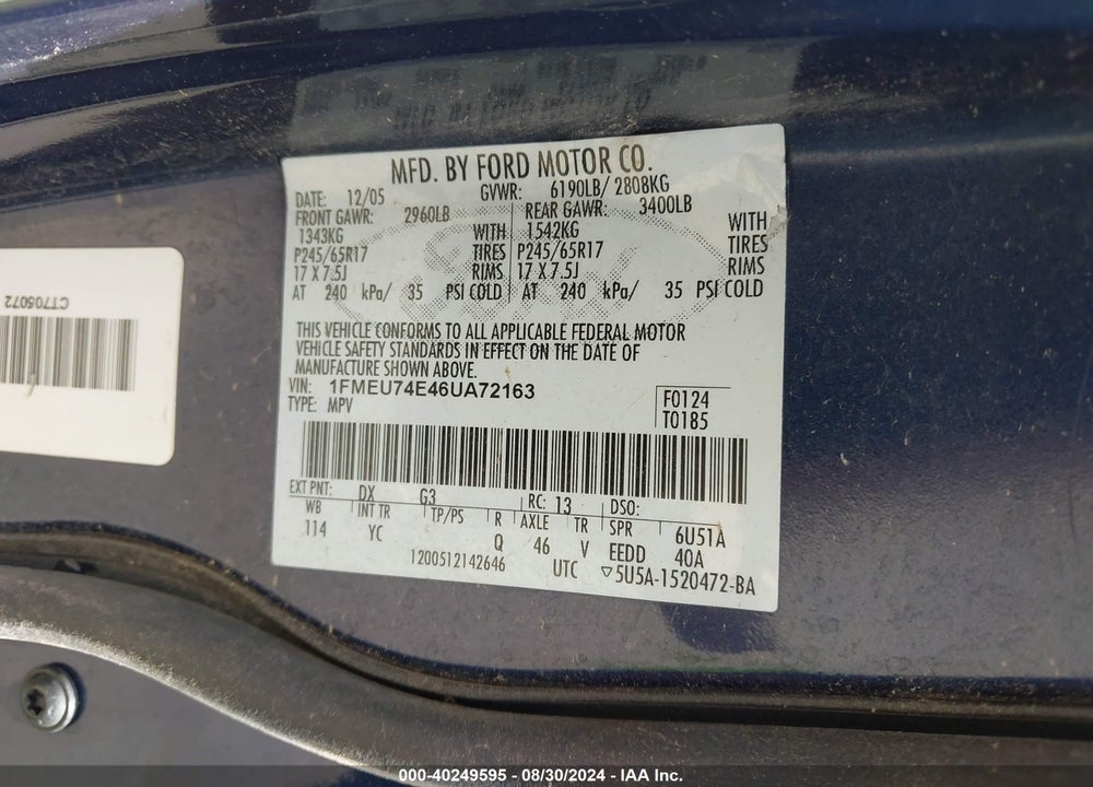 2006 FORD EXPLORER EDDIE BAUER VIN: 1FMEU74E46UA72163