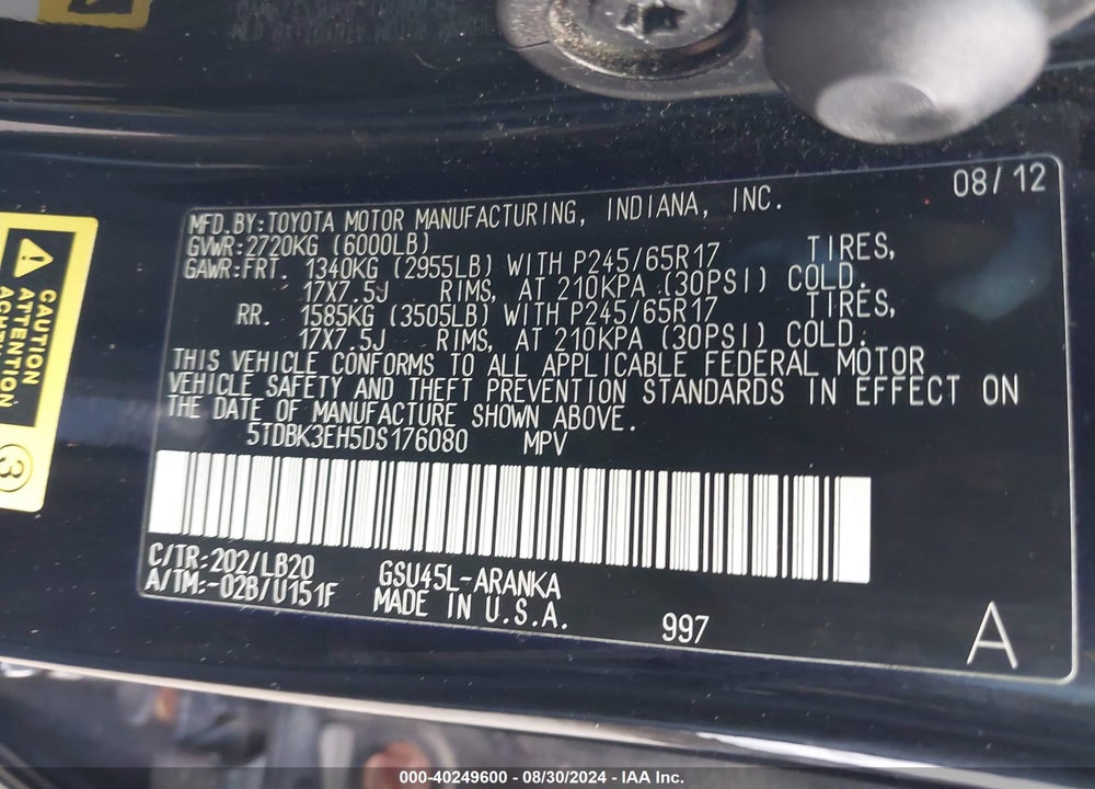 2013 TOYOTA HIGHLANDER SE V6 VIN: 5TDBK3EH5DS176080