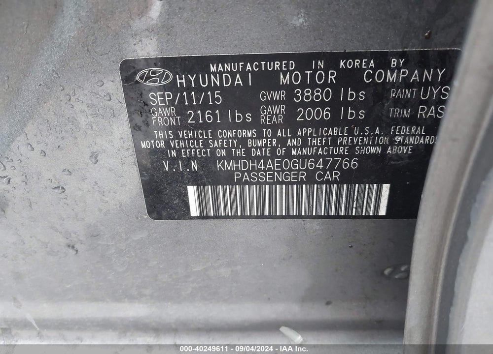 2016 HYUNDAI ELANTRA SE VIN: KMHDH4AE0GU647766